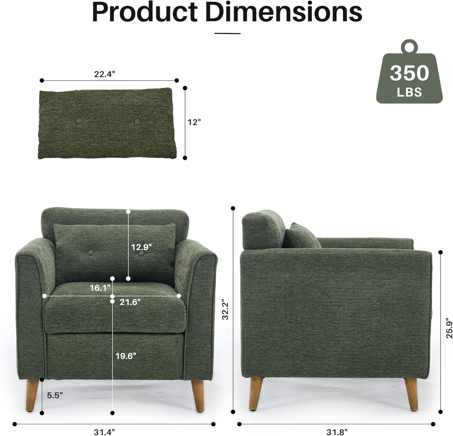 Modern Accent Chair with Wooden Legs Plush Fabric Armchair Cozy Reading Chair for Living Room, Bedroom, Study (Green Armchair)