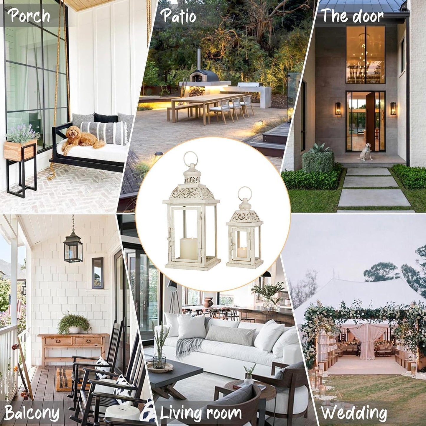 DECORKEY Large Lantern Decorative Outdoor & Indoor, Set of 2 (14’’&10’’) Metal Candle Lanterns Decor, Vintage Hanging Candle Holder for Front Porch Patio Wedding Farmhouse Home, Spring Decoration