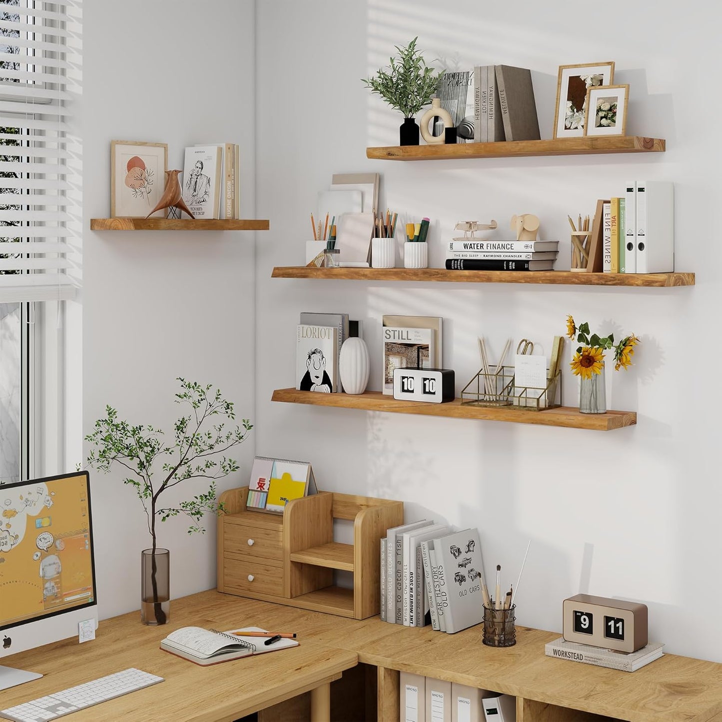 Axeman 72 inch Extra Long Floating Shelves for Wall - 8'' D Live Edge Rustic Solid Elm Wood Floating Shelves Wall Mounted, Wall Shelves with Invisible Bracket for Living Room Bedroom Kitchen, Natural