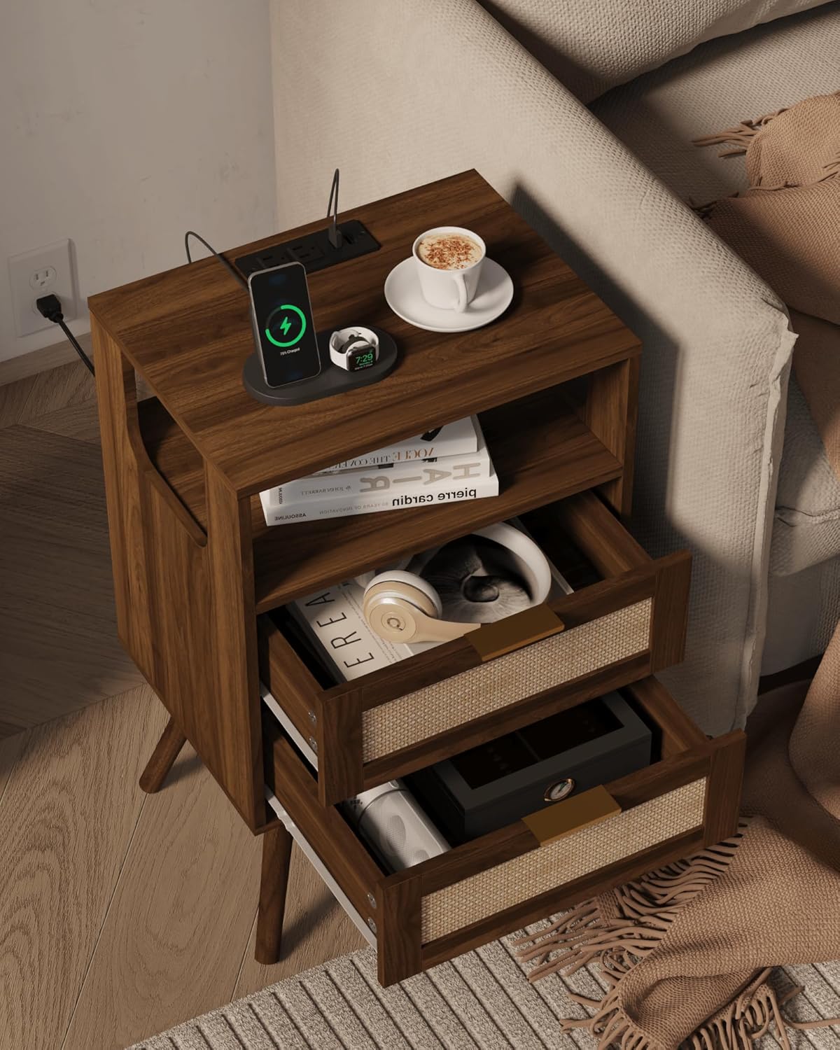 Rattan Nightstand with Charging Station,Modern Bedside Table with 2 Storage Drawer and Open Wood Shelf, for Bedroom and Small Spaces,Night Stand with Solid Wood Legs (Walnut Brown)