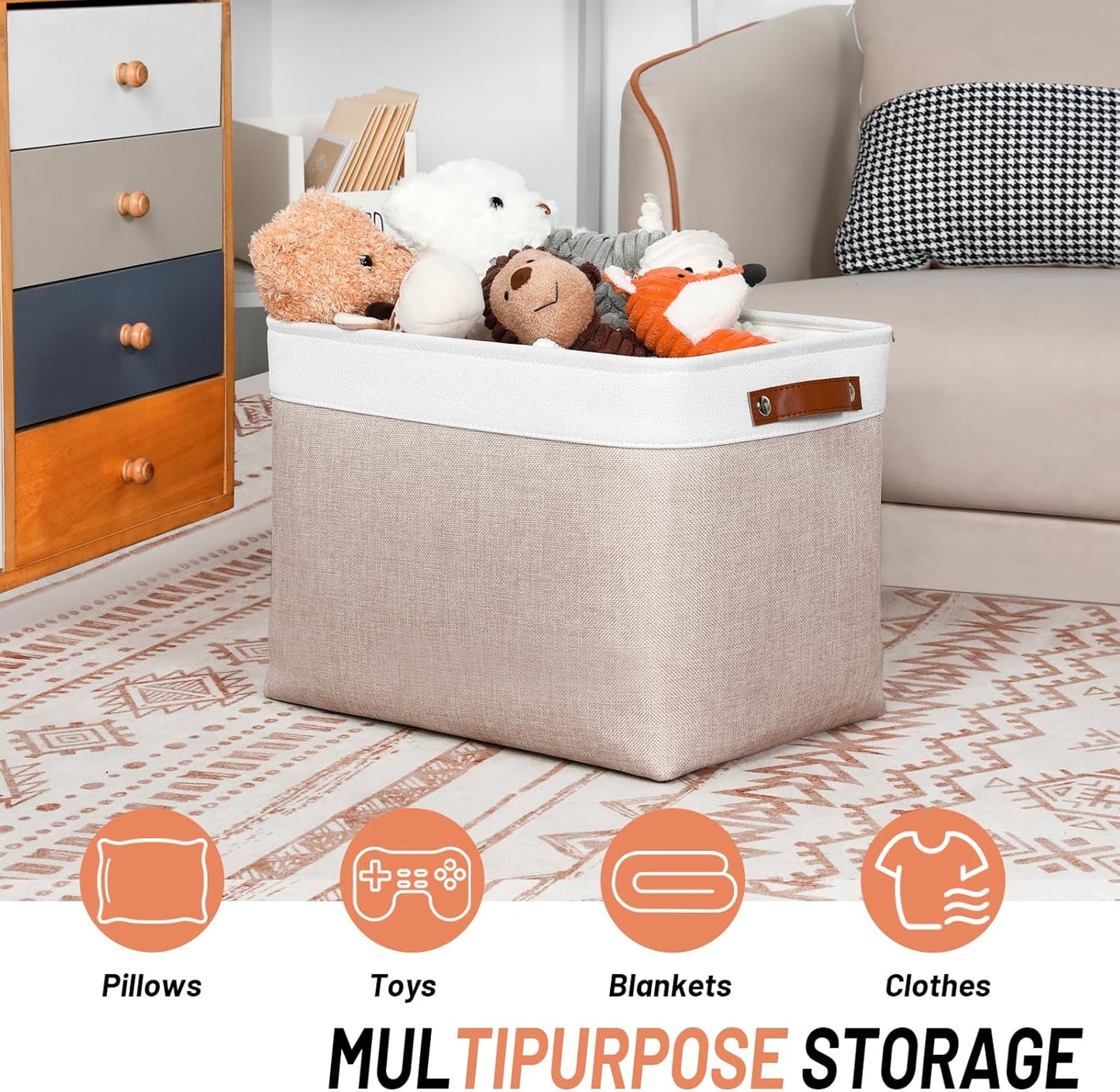 DULLEMELO Fabric Storage Bins, Lining Fabric Baskets For Gifts, Large Storage Baskets for Toys Books Clothes Storage, Foldable Storage Basket for Office Home Shelves Closets Organizing(White&Khaki)