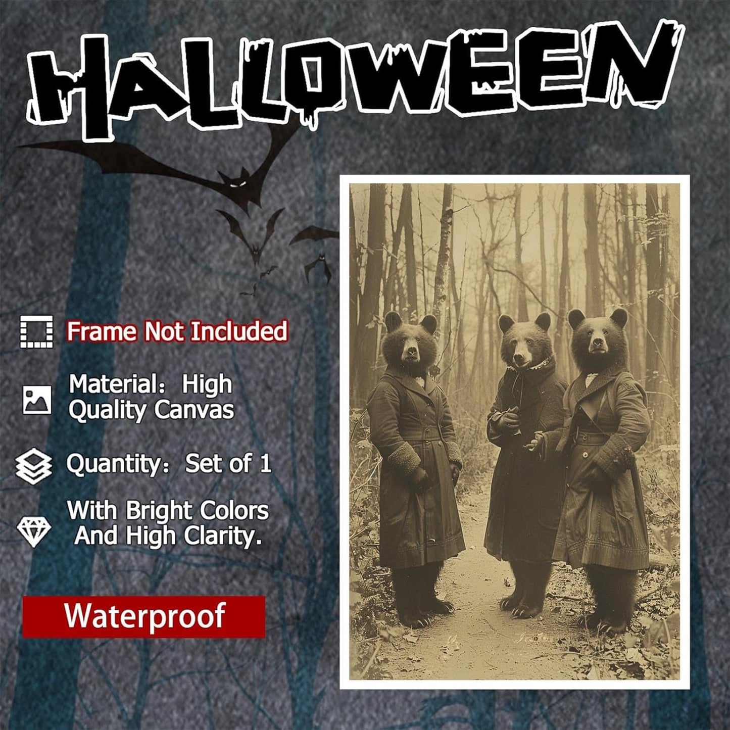 Vintage Horror Halloween Wall Decor Spooky The Three Bears In Occult Forest Spooky Canvas Wall Art Poster Gothic Dark Academia Decorations Room Creepy Print 24X36inch Unframed