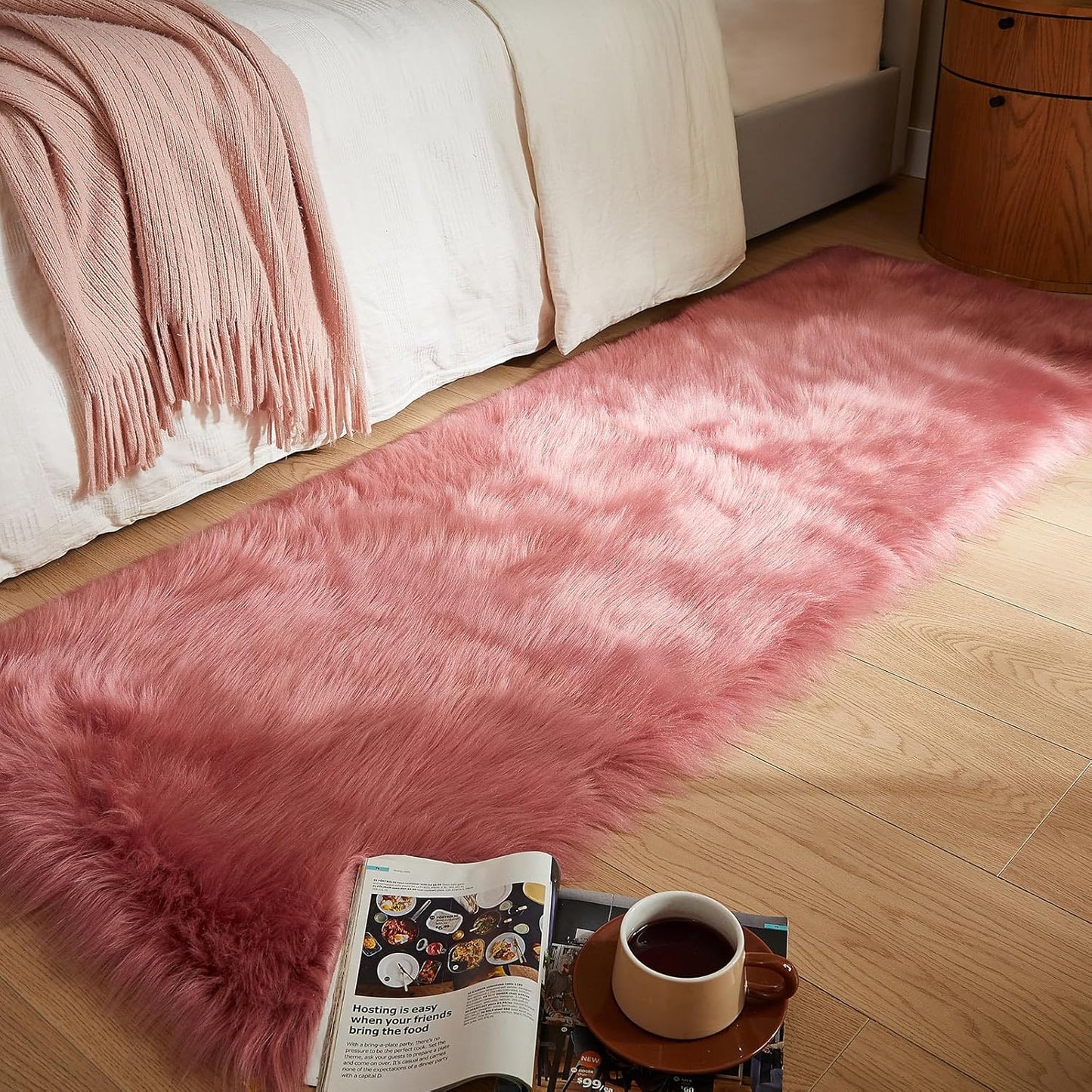 AMTOVO Faux Fur Rug, Blush Pink Ultra Soft Fluffy Shag Sheepskin Rug, 2 x 6 ft Runner Area Rugs for Bedroom Sofa Throw Cushion Room Decor, Rectangle