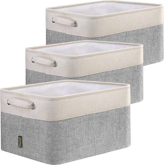 BALEINE 3 Pack Fabric Storage Bins for Shelves, Linen Storage Baskets for Organizing, Decorative Closet Bins for Clothes, Home (Grey, 15"x11"x9.5")