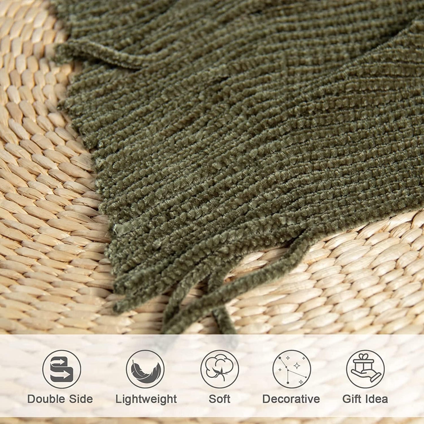 lifein Throw Blanket for Couch, Soft Green Boho Decor Bed Throw,Cozy Knitted Chenille Farmhouse Lightweight Throw for Spring(Olive Green,60 * 80")