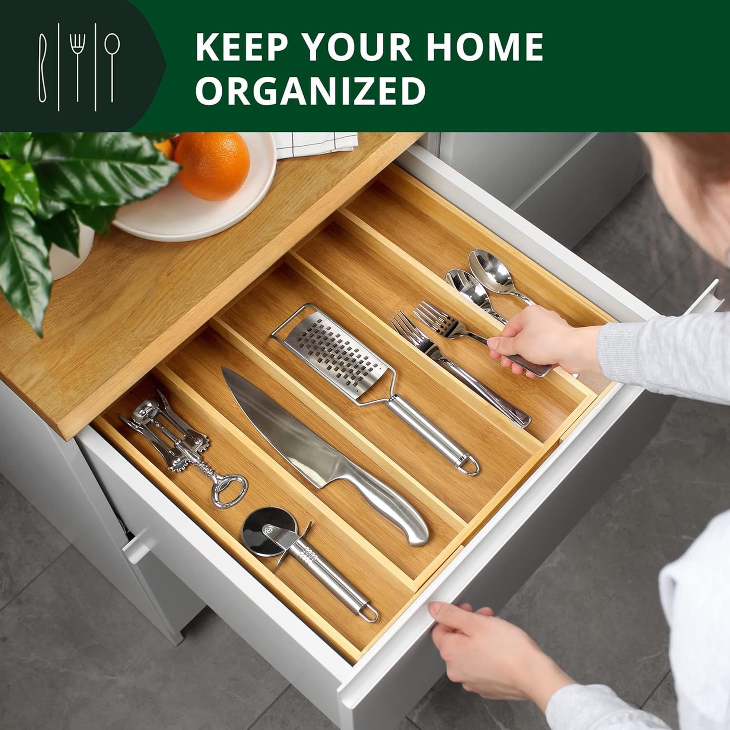 ROYAL CRAFT WOOD Luxury Bamboo Kitchen Drawer Organizer - Silverware Organizer - Utensil Holder and Cutlery Tray with Grooved Drawer Dividers for Flatware and Kitchen Utensils (5 Slot, Natural)