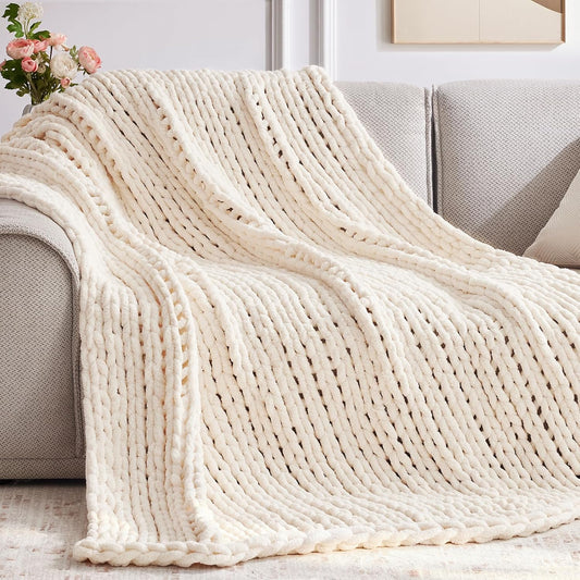 Chunky Knit Throw Blanket, 80''*90'' Knitted Throw Chenille Yarn for Bed Couch, Handmade Cream Crochet Big Thick Blanket, Machine Washable Cute Comfy Blanket for Home Decor