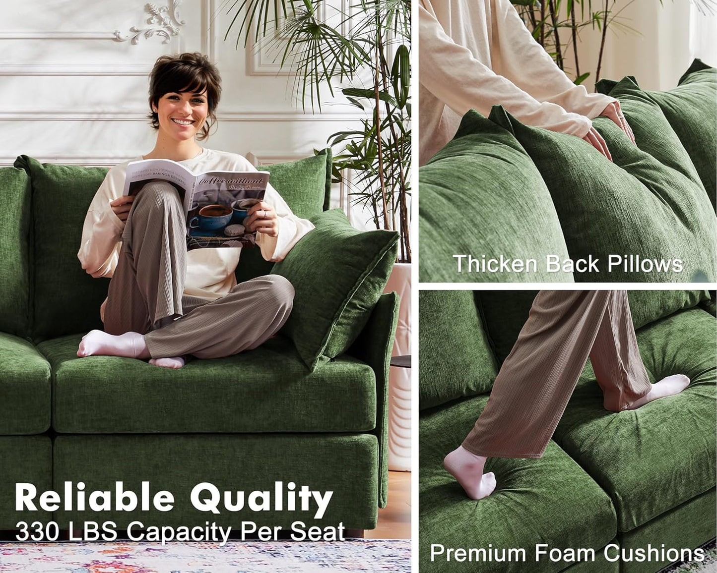 Oversized Accent Chair, Upholstered Modern Sofa Chair with Removable Backrest & Detachable Cover, 24.5" Deep Seat Large Reading Armchair for Living Room Bedroom Office - Chenille Green Set of 2