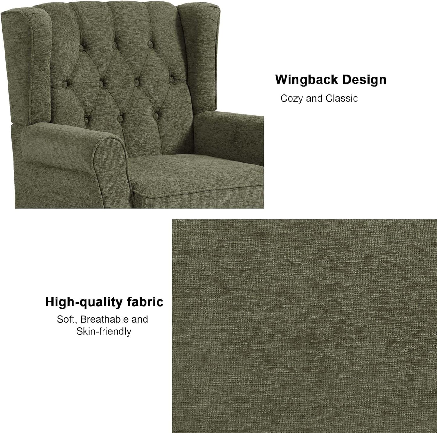 Accent Chair, Upholstered Armchair with Button Tufted High Back & Solid Wood Legs, Comfy Wingback Reading Single Sofa Chair for Small Spaces, Living Room, Bedroom (Green, Set of 1)