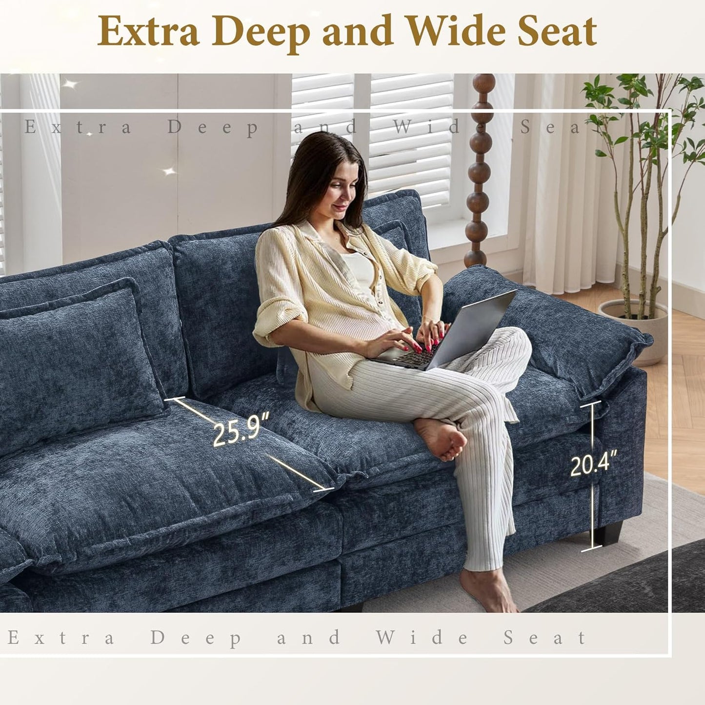 URRED Modular Sectional Sofa Comfy Cloud Couch, Modern Chenille Sofa Sleeper Deep Seat Couches with Ottoman/Pillows for Living Room (Blue, 117'')