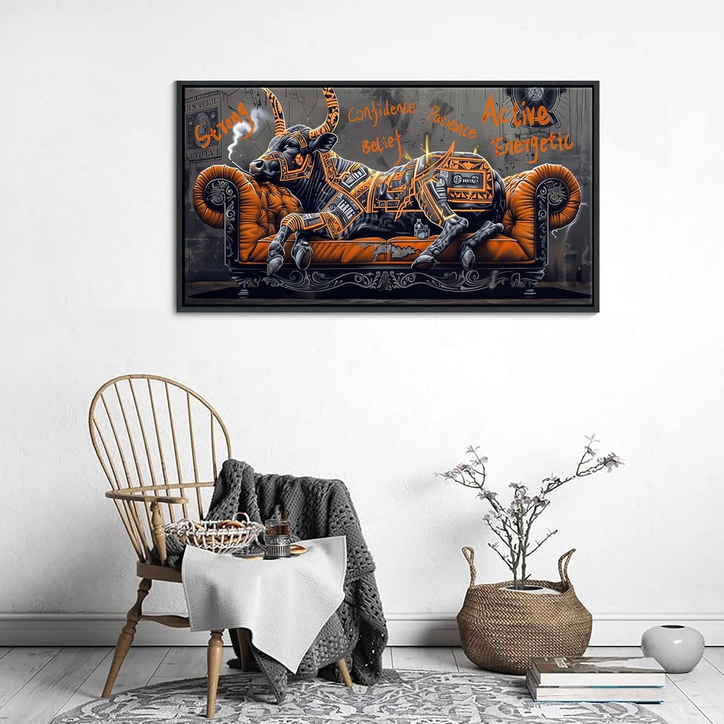 JEAWA Framed Canvas Wall Art - Creative Wall Art for Bedroom Living Room Bathroom, Modern Artwork Decor for Home Decoration, Strong Bull Color Graffiti, 20x40 IN