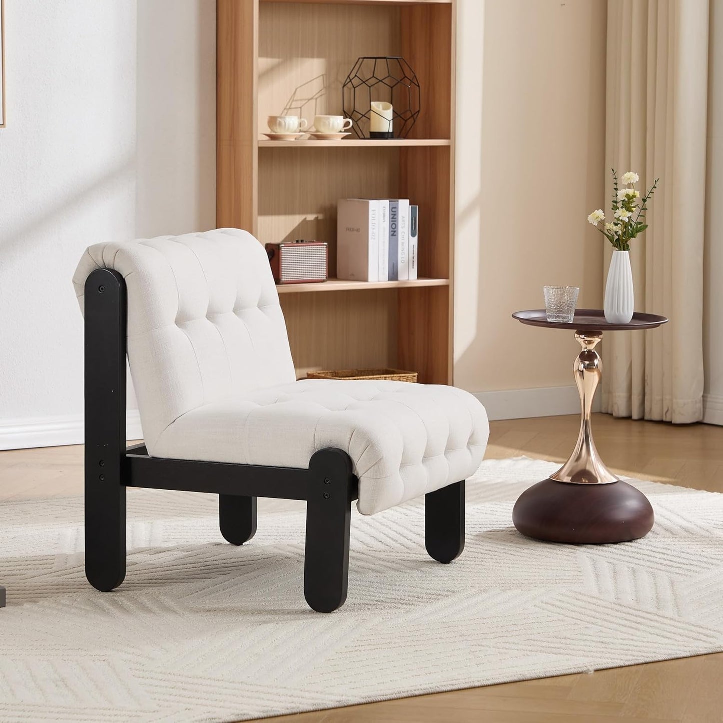 Modern Armless Accent Chair for Living Room, Beige Chenille Button Tufted Upholstered Lounge Reading Chair with Black Wood Frame