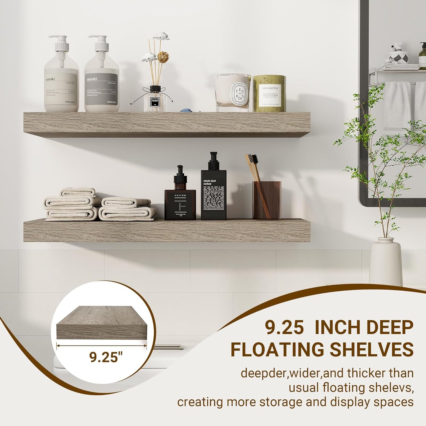 24 Inch Floating Shelves, 3D Textured Wood Grain, 24"x9.25"x1.5" Inch Deep Floating Shelves for Wall, Wooden Shelves for Bathroom, Bedroom, Living Room, Vintage Gray Oak