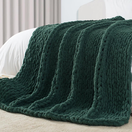 Carriediosa Chunky Knit Throw Blanket 60" X 80" Twin, 100% Hand Made Large Chenille Loop Yarn Soft Fluffy Throws for Couch Sofa Bed, Big Crochet Cozy Heavy Thick Cable Woven Blankets, Dark Green