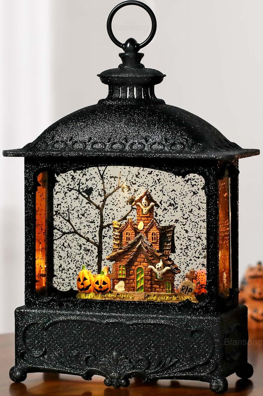 Halloween Snow Globe Lantern Ghost Snow Globe Halloween Decorations for Home Haunted House Pumpkin Ghost Tree Crow Rip Dancing Bats with Timer, USB and Battery Powered 12 inch
