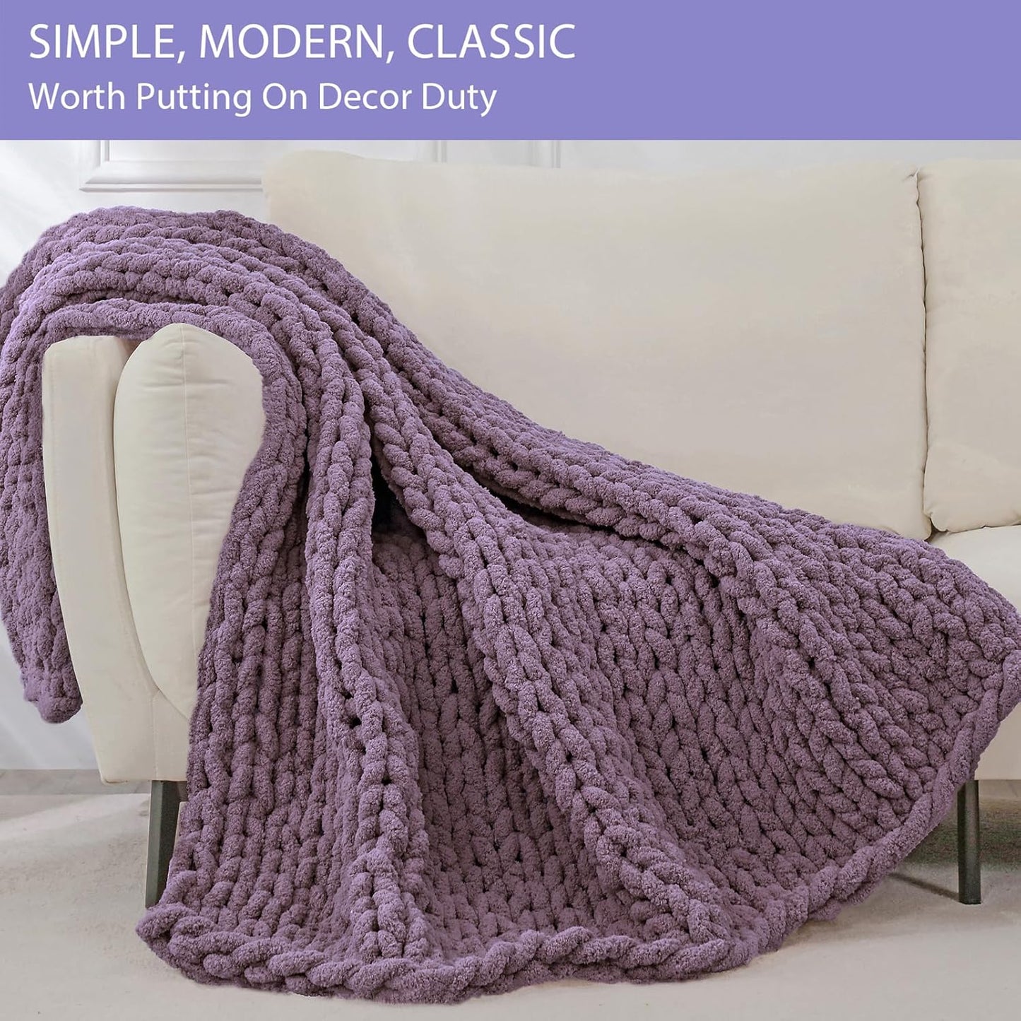 Bigacogo Chunky Knit Throw Blanket for Couch, 40x80 inches, 100% Hand Knitted with Thick Jumbo Chenille Yarn, Cozy Soft Large Rope Knot Cable Crochet Blankets for Sofa Bed Living Room, Winter Grape
