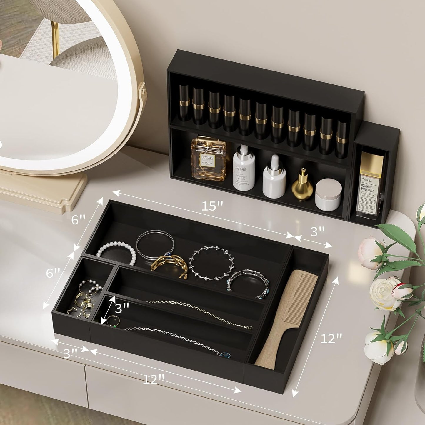 Kitchen Drawer Organizer Tray, Stackable Black Bamboo Drawer Organizer for Large Silverware, Utensils, Cutlery, Flatware, Junk, Dresser, Bathroom, 17" x 6" x 2.5" (Set of 2)