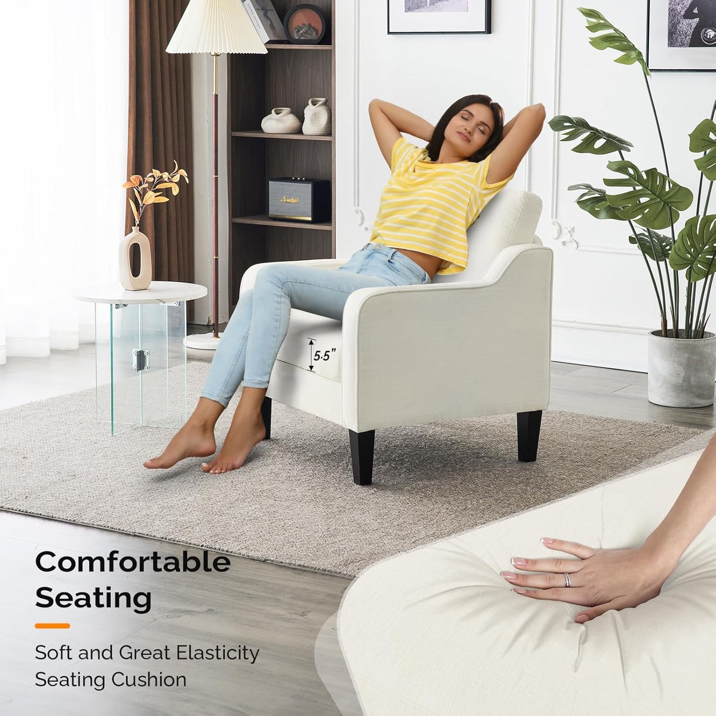 VINGLI Mid Century Modern Accent Chairs for Living Room, Cream White Comfy Reading Chair Soft Chenille Sofa Chairs Upholstered Side Armchair for Living Room, Bedroom, Apartment