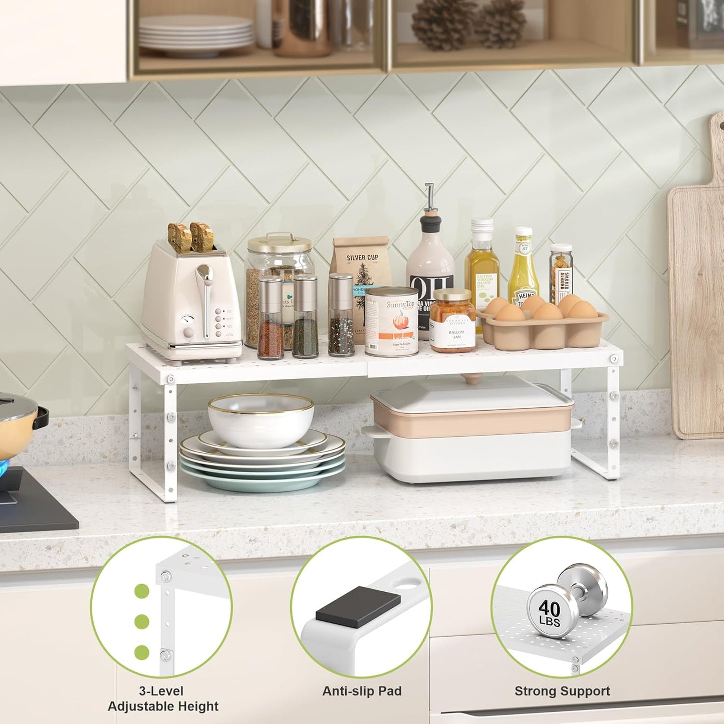 Expandable Cabinet Organizer Shelf With Adjustable Height, Stackable Kitchen Countertop Organizer Rack, Adjustable Shelf Riser For Kitchen Counter, Pantry, Cupboard, Desk, Tabletop