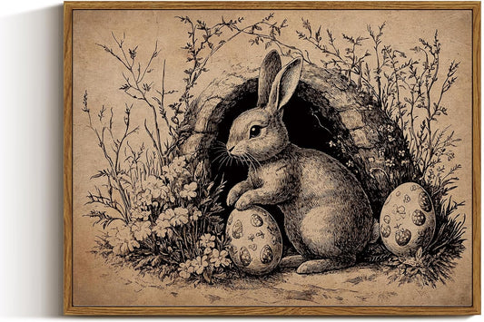 VIYYIEA Framed Wall Art for Living Room, Easter Bunny Egg Canvas Prints, Vintage Home Decor, Rabbits Painting Picture, Bathroom Wall Decor Gifts for Friends or Family -【Easter Collector】-(16L x 12W)