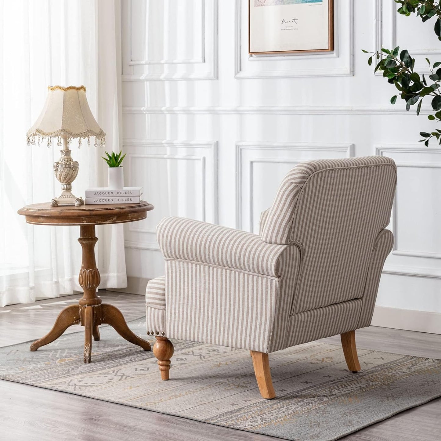 chairus Linen Accent Chair for Living Room Upholstered Mid Century Modern Single Sofa Chair with Solid Wood Legs Comfy Reading Chair Armchair for Bedroom/Office Room/Recption/Lounge, Khaki Stripe