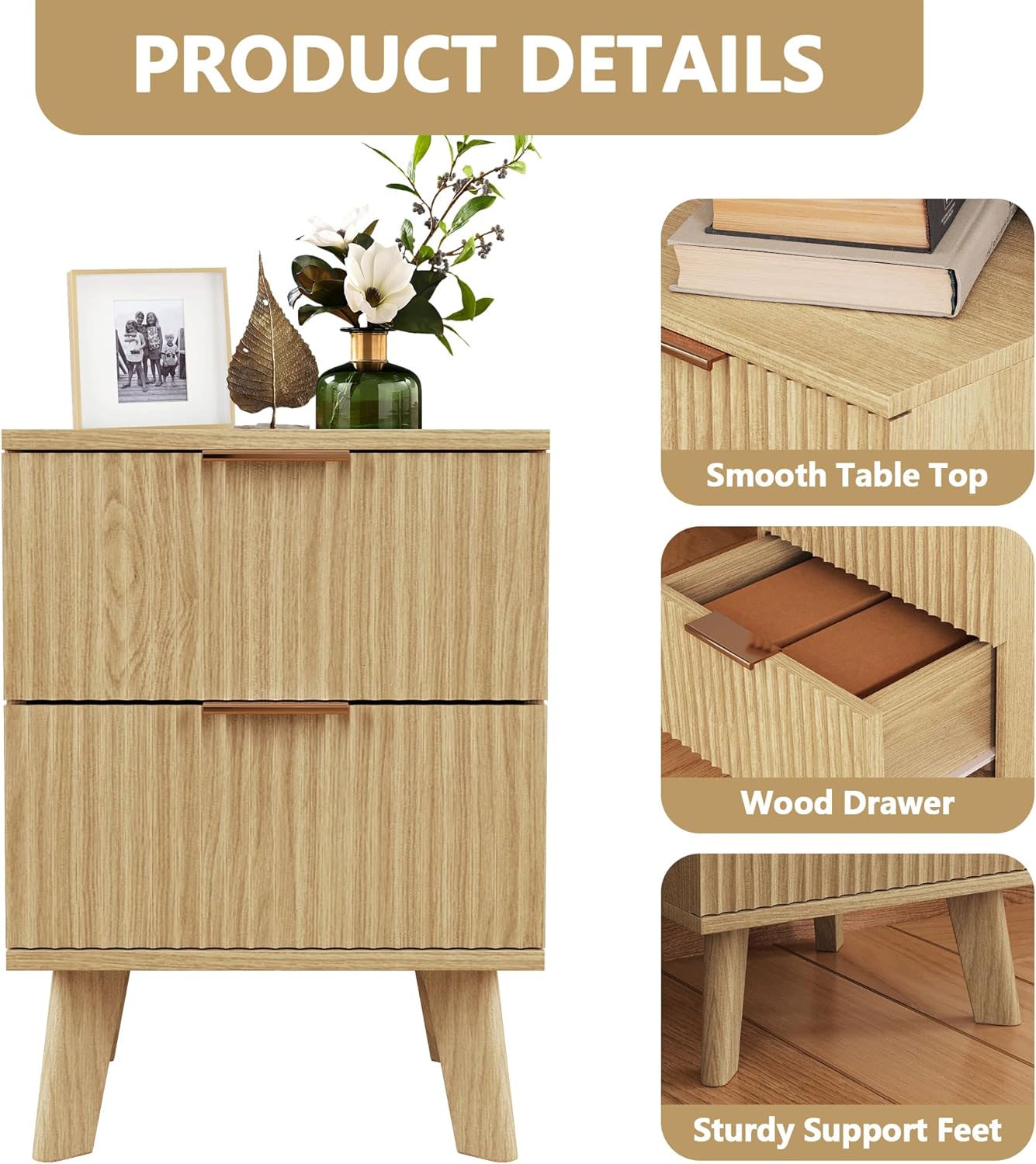 Fluted Nightstands Set of 2, Mid Century Modern 2 Drawer Dresser for Bedroom, Small Night Stand Side Table End Table with Wood Drawer Storage for Bedroom Closet, Natural