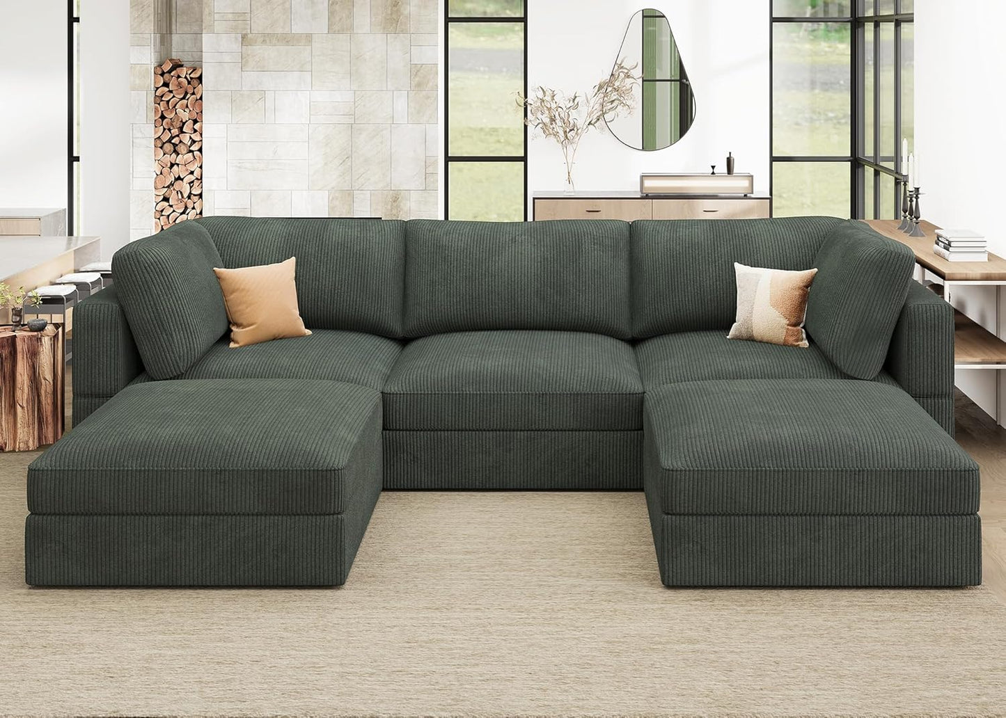 HONBAY Modular Sectional Sofa with Storage Corduroy U Shaped Sofa Modular Sectional Couches for Living Room,Green