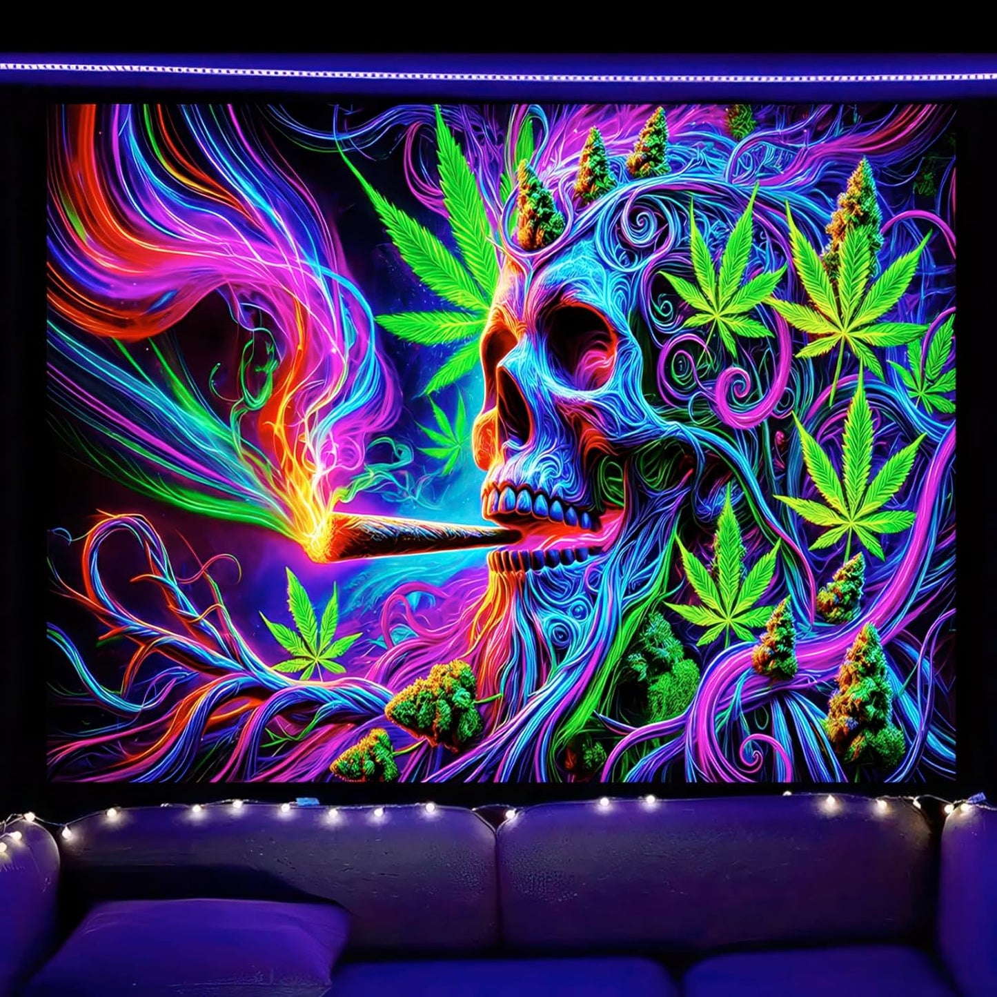 BlissYard Blacklight Cool Trippy Weed Marijuana Leaves Tapestry UV Reactive Skeleton Tapestry Smoking Skull Black Light Wall Tapestry Neon Psychedelic Tie Dye Stoner Poster Tapestry 59X78 IN