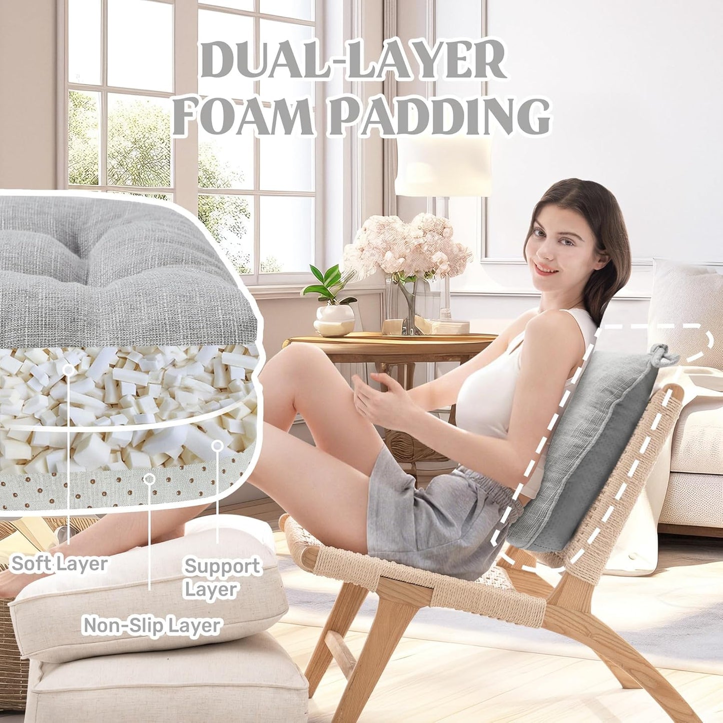 puredown® Chair Cushions for Dining Chairs, Tufted Memory Foam Chair Pads with Non-Slip Backing, Kitchen Seat Cushions with Ties, Washable Seat Pad Set of 4, 15.5" x 15.5" x 4", Light Grey