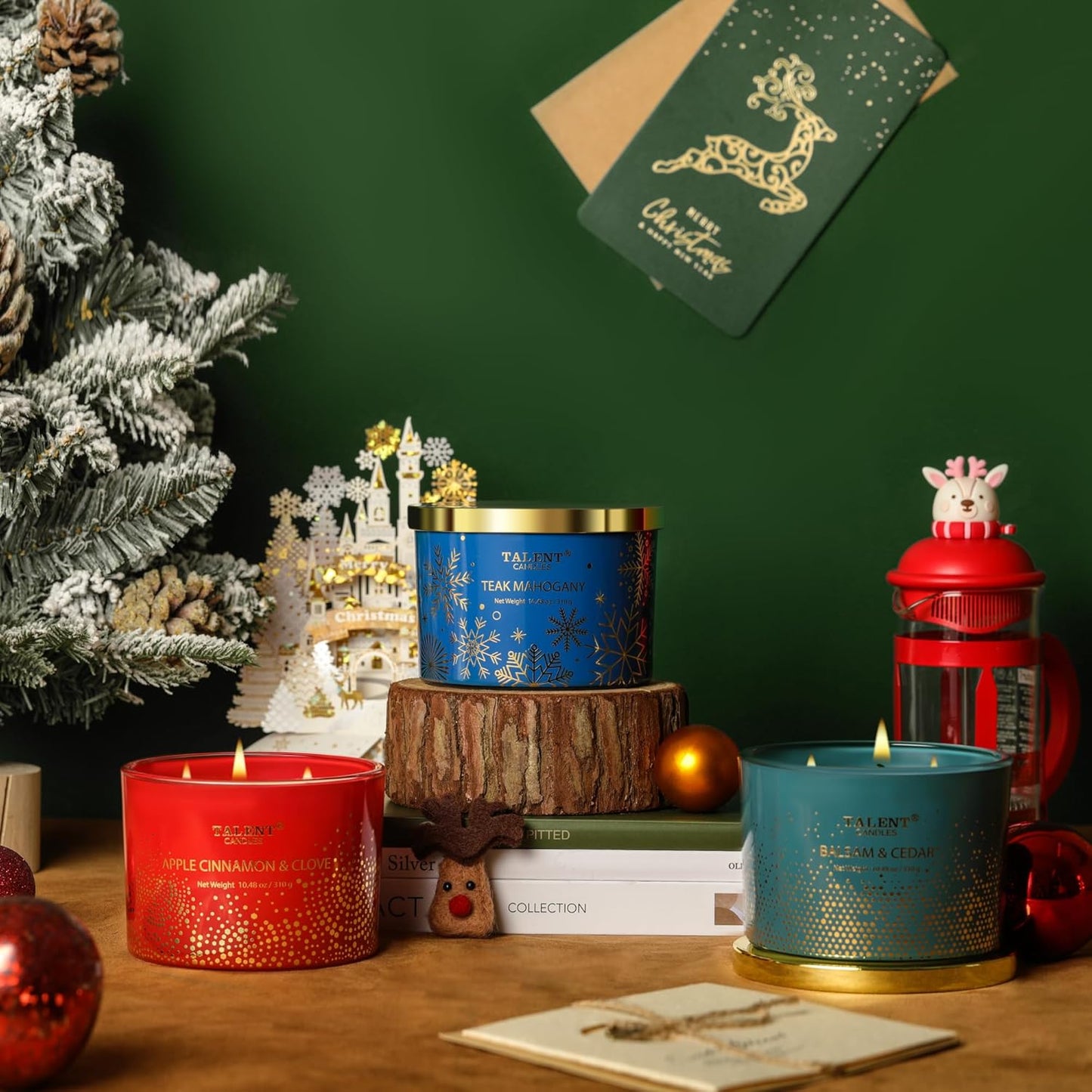 Christmas Candles, Large 3 Wick Jar Candles, Christmas Scented Candles Gifts for Women, Christmas Gift Ideas with Soy Wax Candles, Teak Mahogany