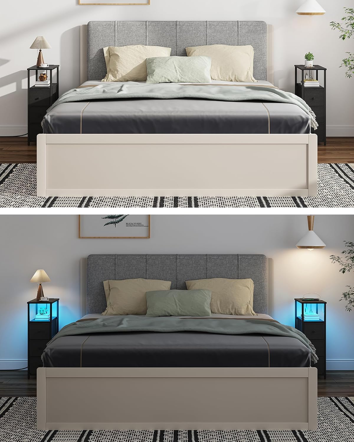 TUTOTAK Narrow LED Night Stand with Charging Station, Slim End Table with Plugins, Tall Side Table with 3 Fabric Drawer, Small Bedside Table with Storage, for Living Room, Black TB01BK086L