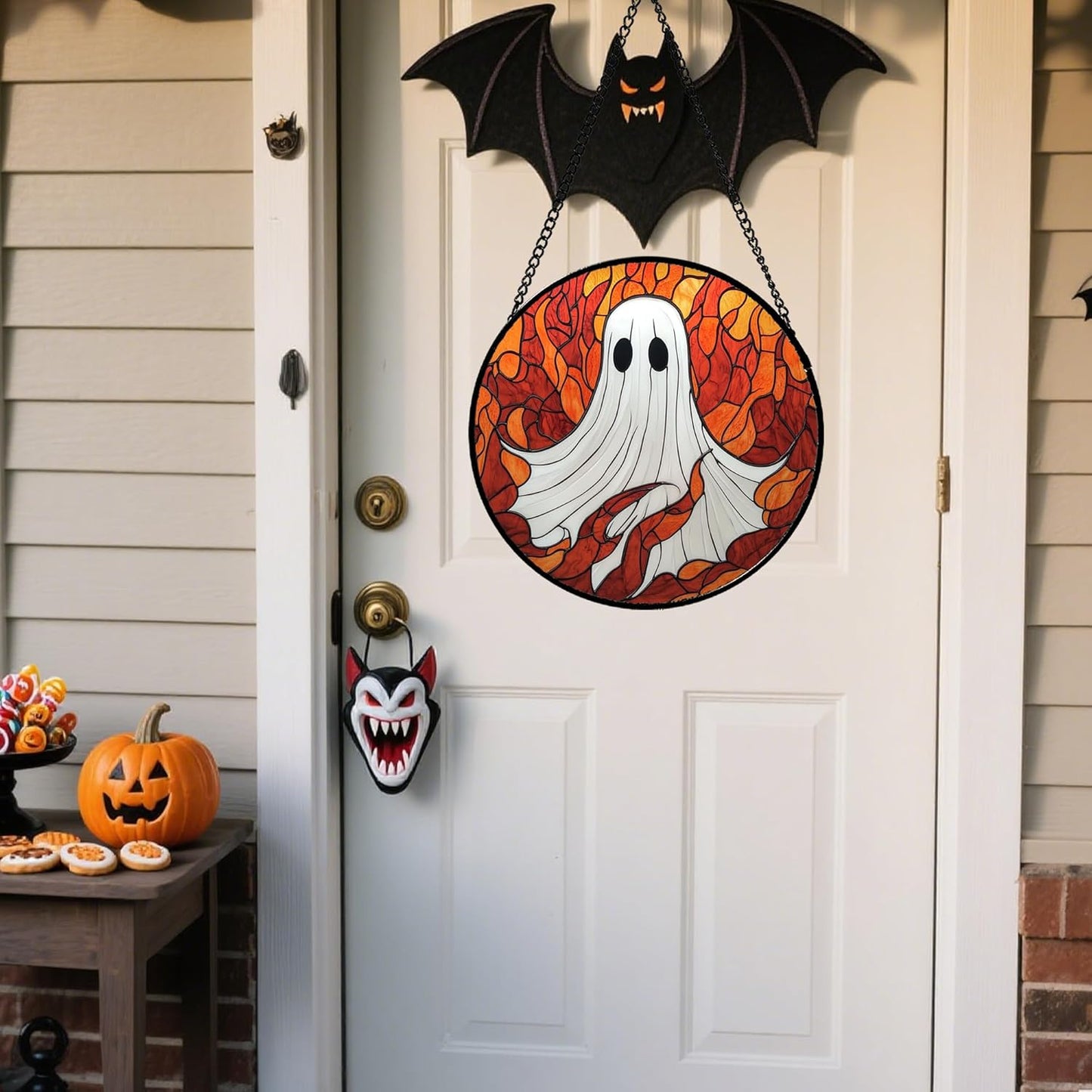 Stained Glass Window Hanging - Halloween Decorations White Ghost Orange Sky Suncatcher for Doors Garden Funny Spooky Sun Catchers Gothic Decor Horror Gifts for Women Men Friend Boy 7.8 in