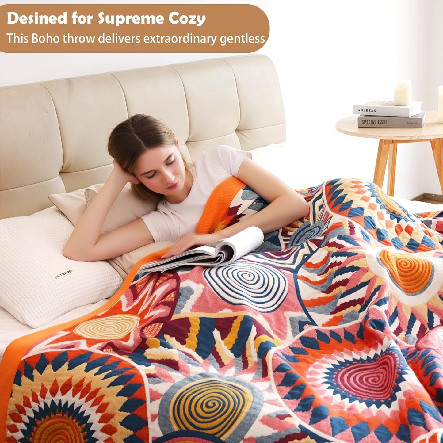 Boho Throw Blanket, 100% Organic Muslin Cotton Breathable Ultra Soft Bed Quilt Throw - All Season Floral Bird Butterfly Farmhouse Decor Blanket for Sofa Couch Chair and Gift. 80" x 90"