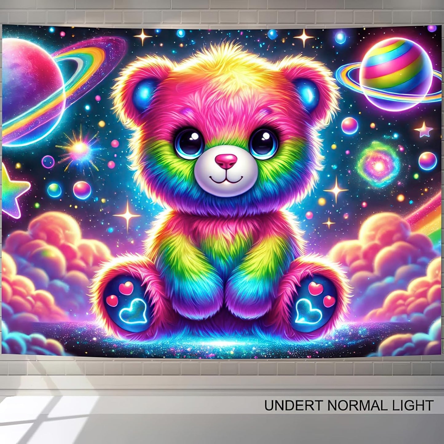 BlissYard Glowing Tapestry Blacklight Teddy Bear UV Reactive Rainbow Tapestry Neon Glow In the Dark Wall Hanging Decoration Kids’Bedroom Living Room Party Backdrop 59X78 inch Photo Shoot Props