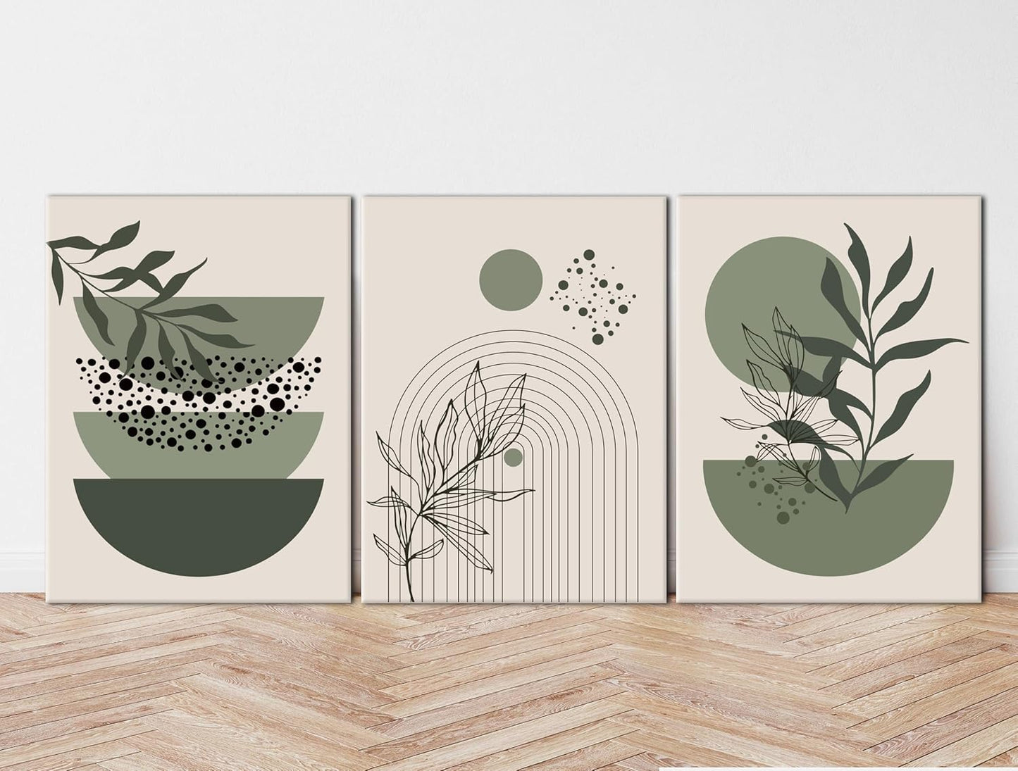 Sage Green Boho Wall Art Set of 3 Abstract Minimalist Geometric Line Poster Green Botanical Leaf Canvas Prints Modern Artwork Painting Decor for Living Room Bedroom Office 12x16 in Framed