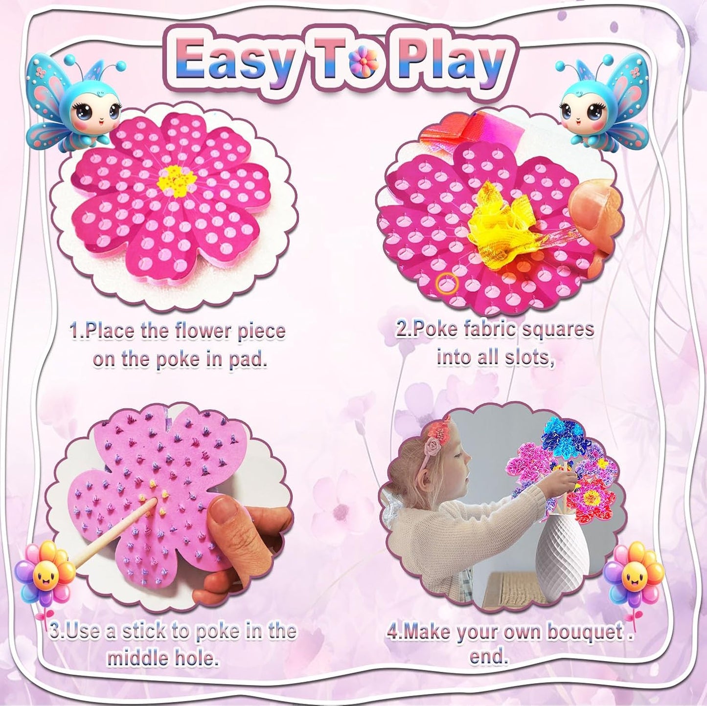 mom&myaboys Flower Bouquet Poke in Kit for Kids - Wooden DIY Craft Set Ages 4-9, No Glue Mess-Free Creative Activity, Fun Arts & Crafts Gift for Girls Boys, Preschool Classroom Birthday Party