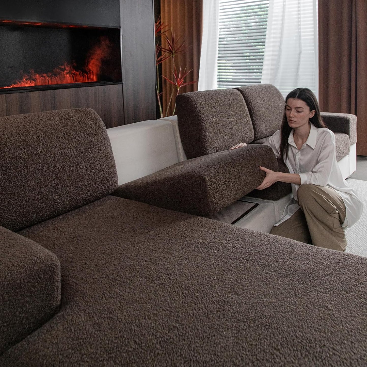 Couch Cushion Covers for Sectional Sofa, Stretch Soft Sofa Slipcovers Washable Wear-Resistant Universal Furniture Protector for Living Room(1 Piece Large Cover, Brown)