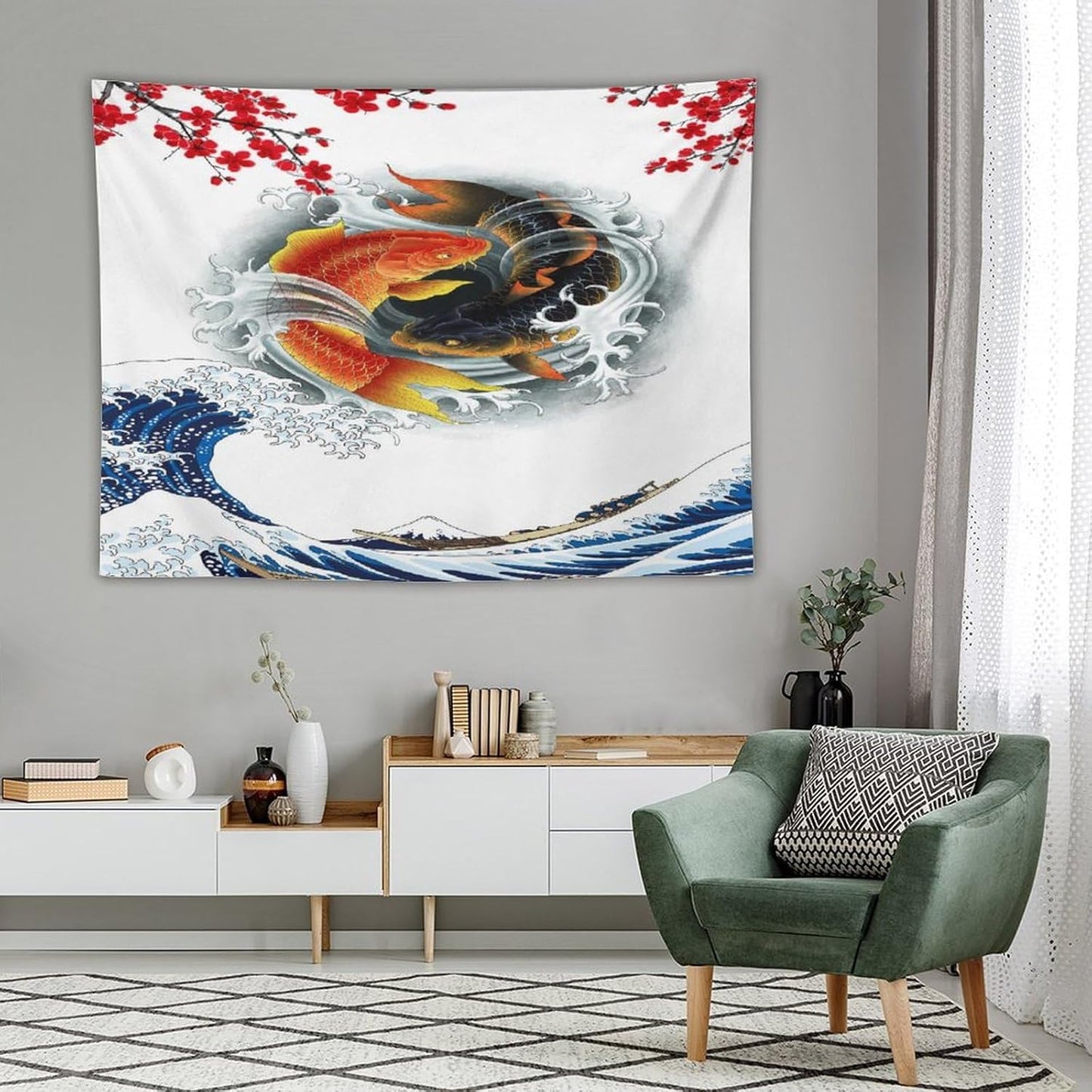Houselerax Koi Fish Tapestry, Japanese Style Yin Yang Big Wave Cherry Blossoms Tapestries Wall Hanging for Bedroom Living Room Office Decor 80"x60"