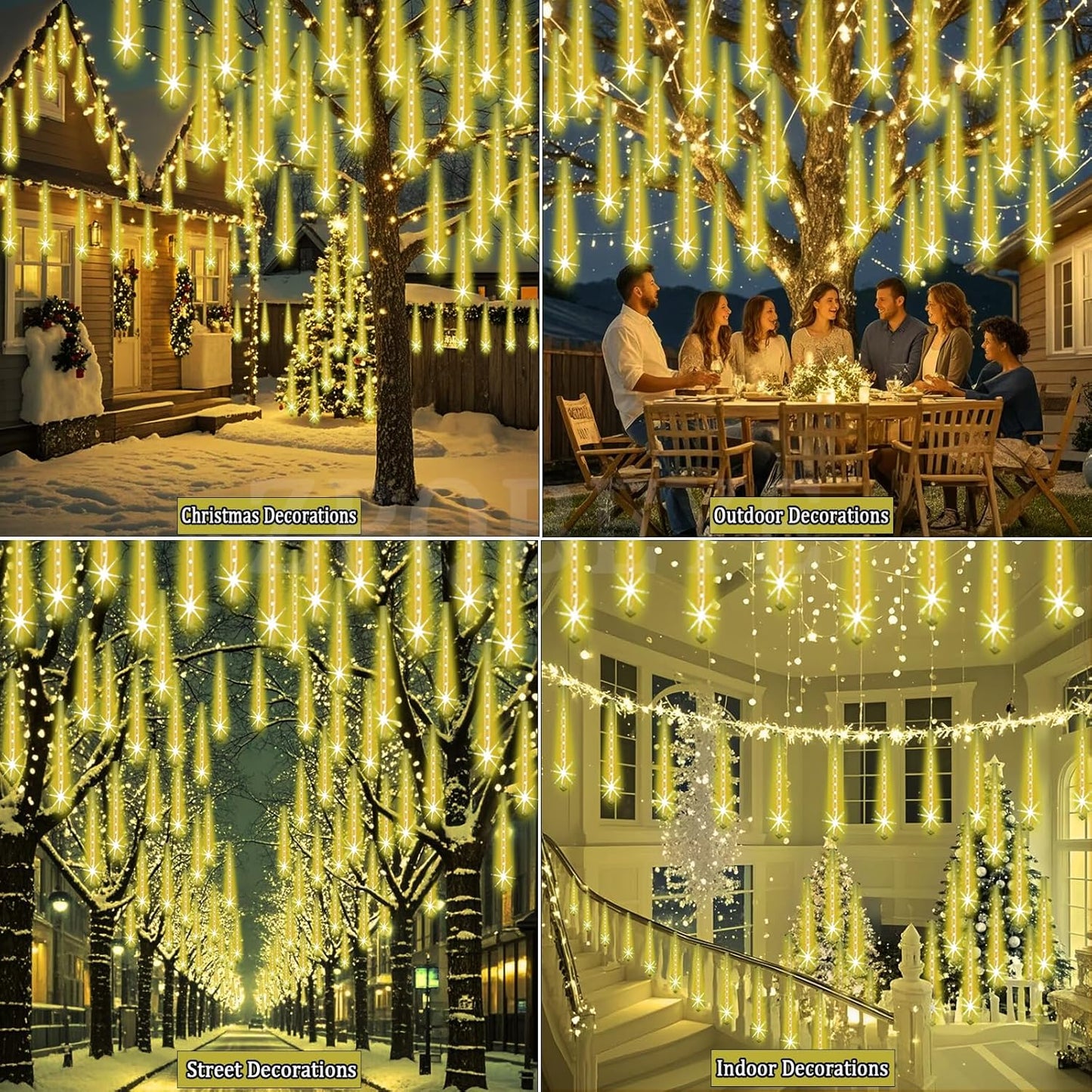 Outdoor Meteor Shower Christmas Lights 24-Tube 576LEDs Shooting Star Waterfall Meteor Shower Falling Rain Light for Christmas Tree Decorations Wedding Party Holiday Garden, UL Plug Warm White
