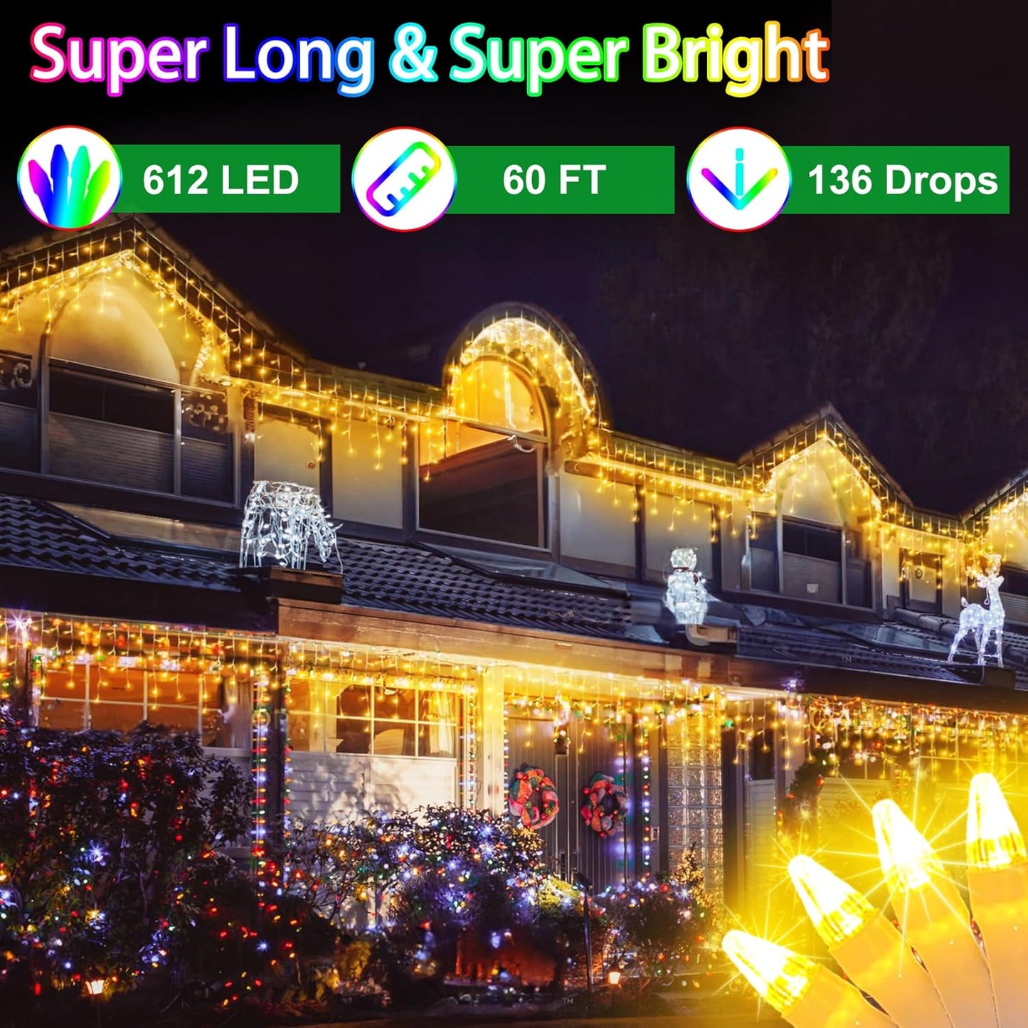 60FT 612 LED Outdoor Christmas Lights - 136 Ice Drops, 12 Pro Modes with Timer Memory & Brightness, Waterproof Hanging Ice String Light for Holiday Wedding Garden Fence House Decor (Warm White)