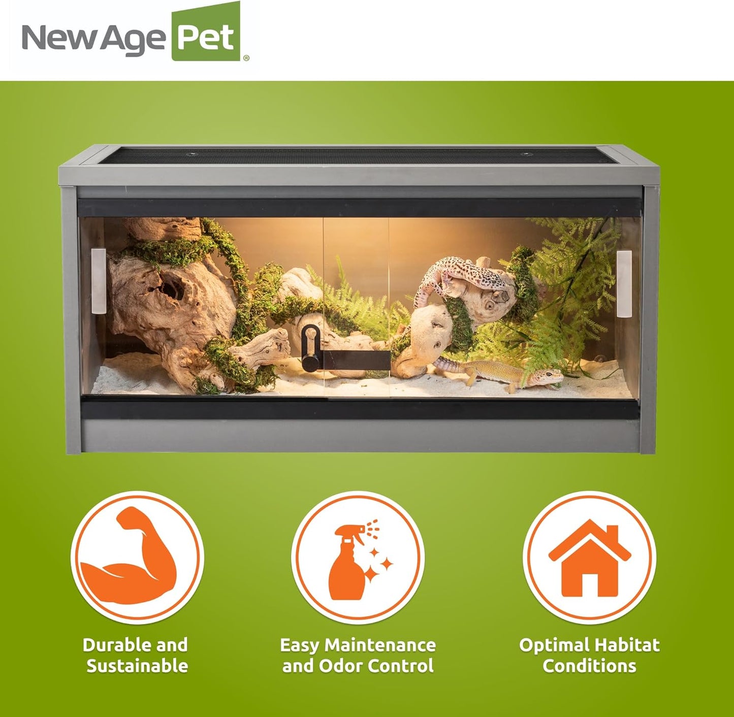 New Age Pet ECOFLEX 24-Inch Mojave Reptile Lounge in Grey - Durable Wood Plastic Composite Habitat with Ventilated Side Panels, Removable Sliding Glass Doors, and Mesh Screen Top