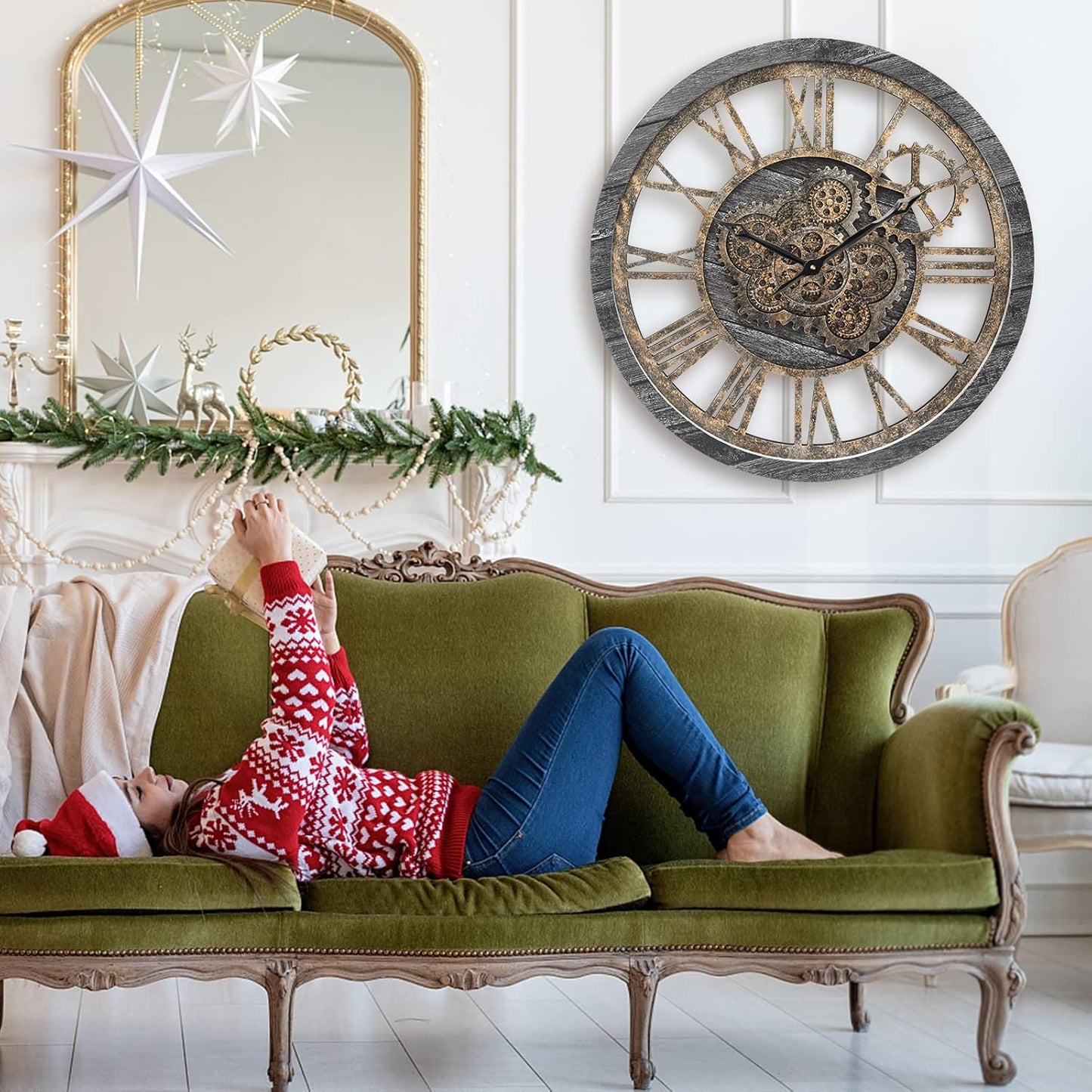 HOIBAI Large Wall Clock, Wall Clocks for Living Room Decor 20 Inch Farmhouse Vintage Rustic Kitchen Wall Decor Vintage Roman Oversized Wall Clock for Home Bedroom House Office, Moving Gears Clock