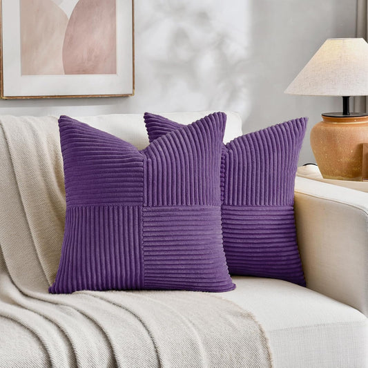 Fancy Homi 2 Packs Purple Decorative Throw Pillow Covers 22x22 Inch for Living Room Couch Bed, Farmhouse Boho Home Decor, Soft Corss Corduroy Patchwork Accent Square Cushion Case 55x55 cm