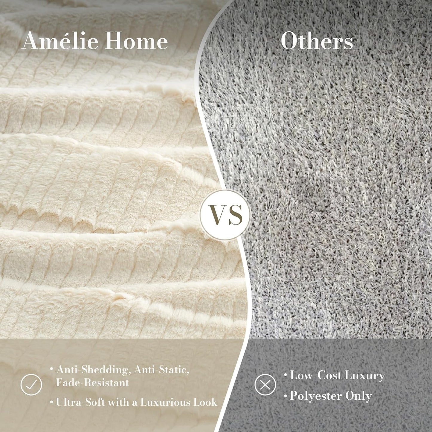 Amélie Home Luxury Striped Faux Fur Throw Blanket for Couch, Embossed Split Fur Cozy Fuzzy Fluffy Luxurious Soft Plush Sofa Chair Bed Gift Blankets for Women Men Wife Friend, 55"x70", Ivory