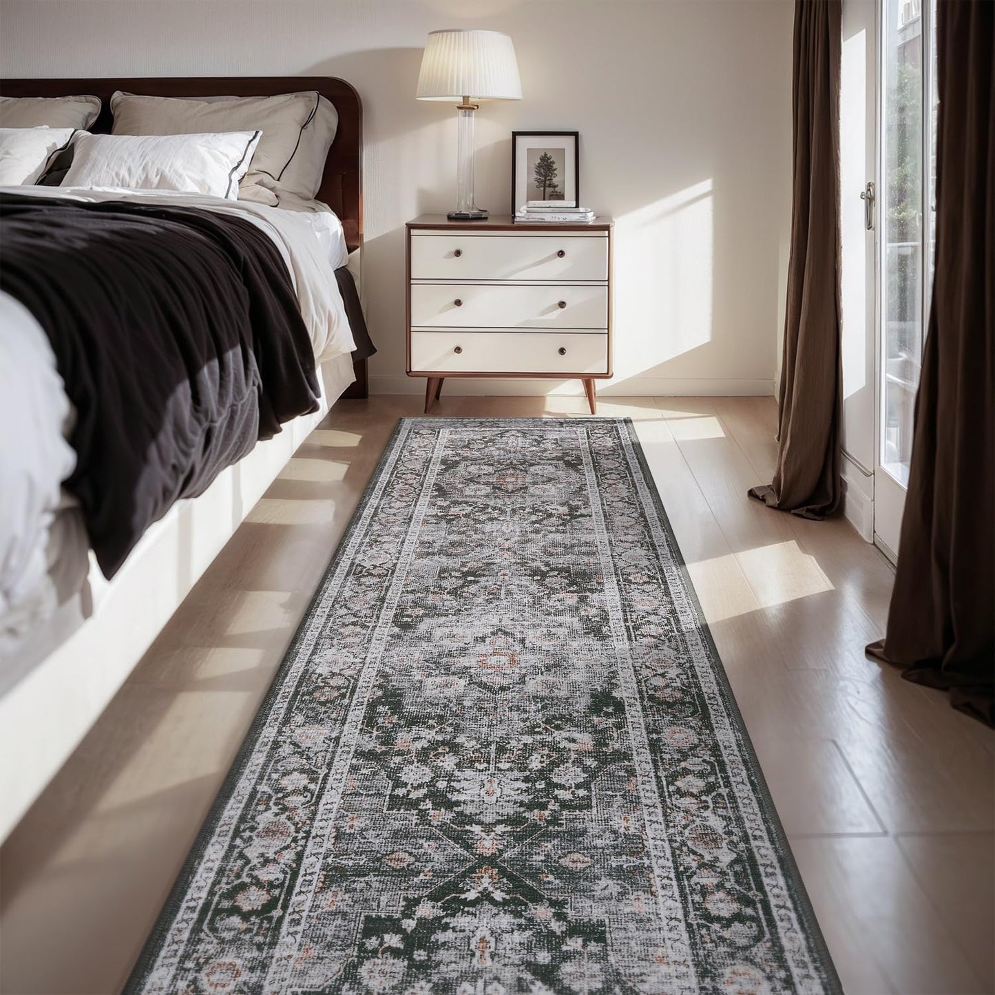 AMOAMI-2X10 Runner Rug-Washable Runners for Hallways-Soft Non Slip Bedside Rugs for Bedroom-Vintage Long Rug for Hallways Entryway Laundry Room Stair Kitchen Bathroom Dark Grey & Black