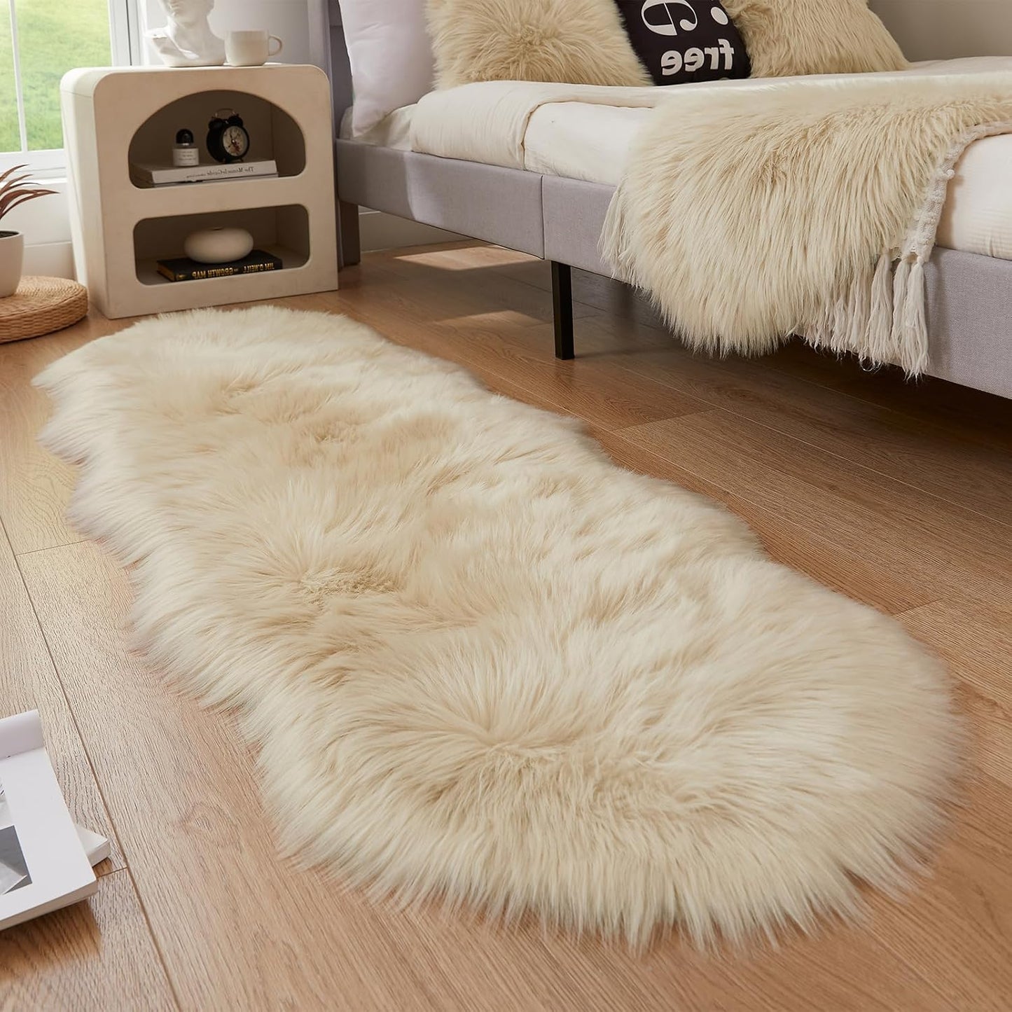 AMTOVO Faux Sheepskin Rug, Beige Ultra Soft Fluffy Shag Area Rug, 2 x 6 ft Faux Fur Rug for Bedroom Sofa Throw Cushion Room Decor, Sheepskin