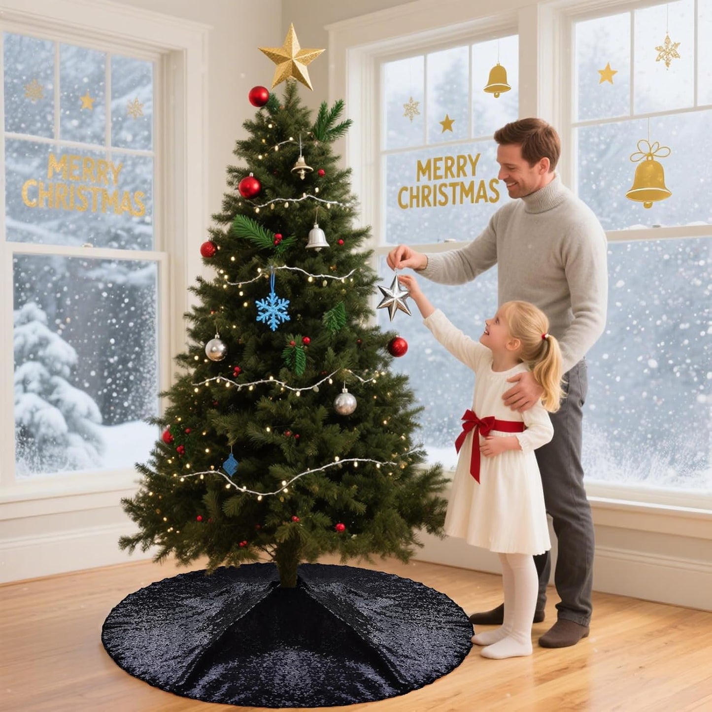 Eternal Beauty Christmas Tree Skirt, 36 Inch Black Halloween Sequin Tree Skirt Small Xmas Tree Skirt for Christmas Tree Decorations