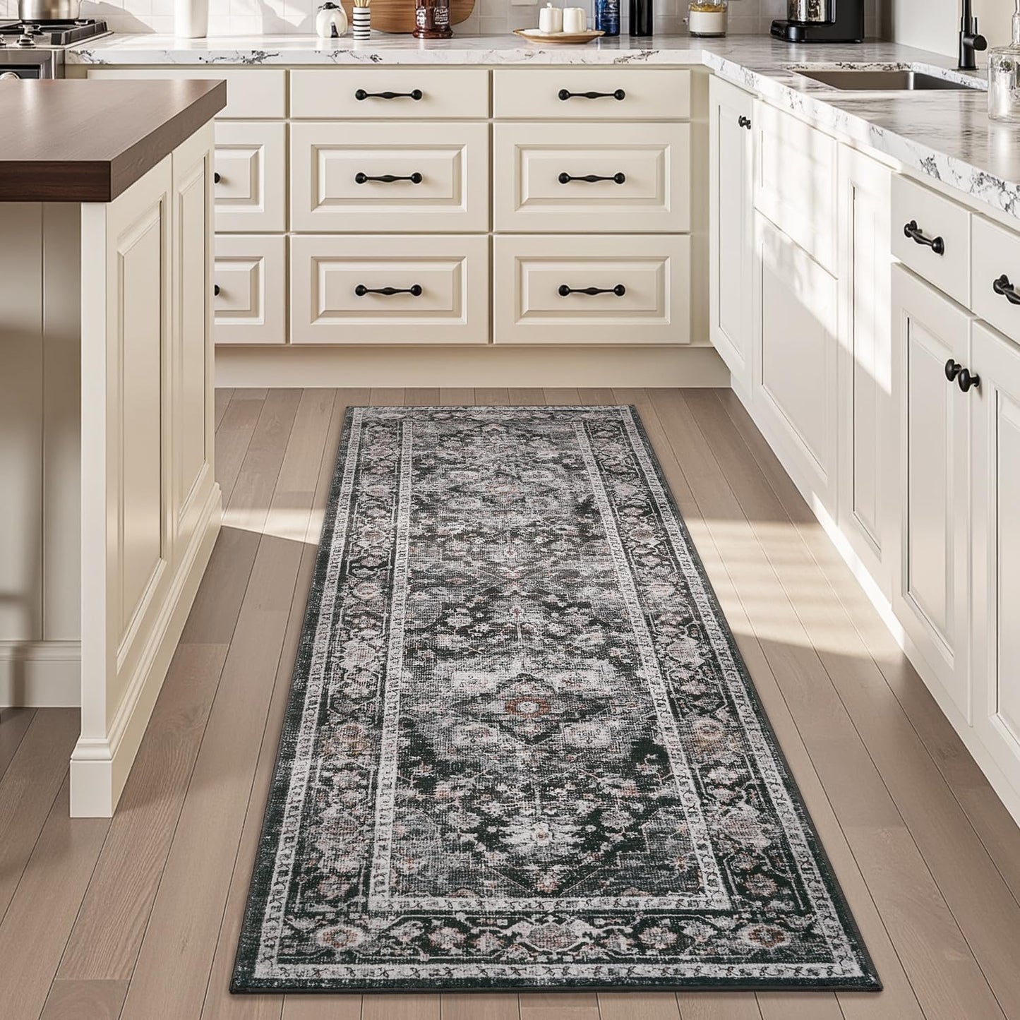 AMOAMI-2X6 Runner Rug-Washable Runners for Hallways-Soft Non Slip Bedside Rugs for Bedroom-Vintage Long Rug for Hallways Entryway Laundry Room Stair Kitchen Bathroom Dark Grey & Black