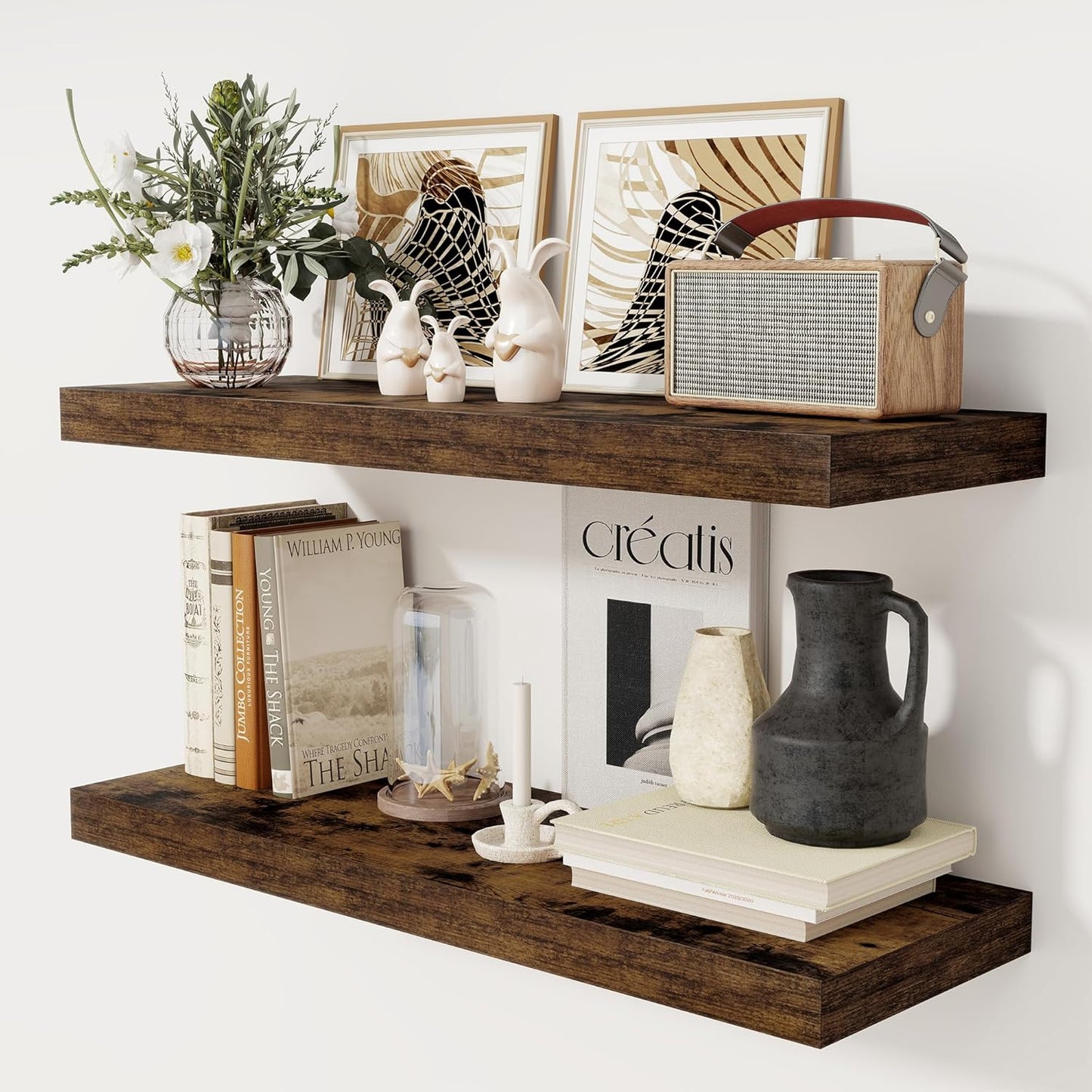 Floating Shelves 36 Inch Long, 12 Inch Deep Floating Shelves for Wall, 36 x 12 Shelves for Wall Storage & Display, 2" Thick Floating Shelf for Bathroom, Living Room, Rustic Brown Color, Set of 2
