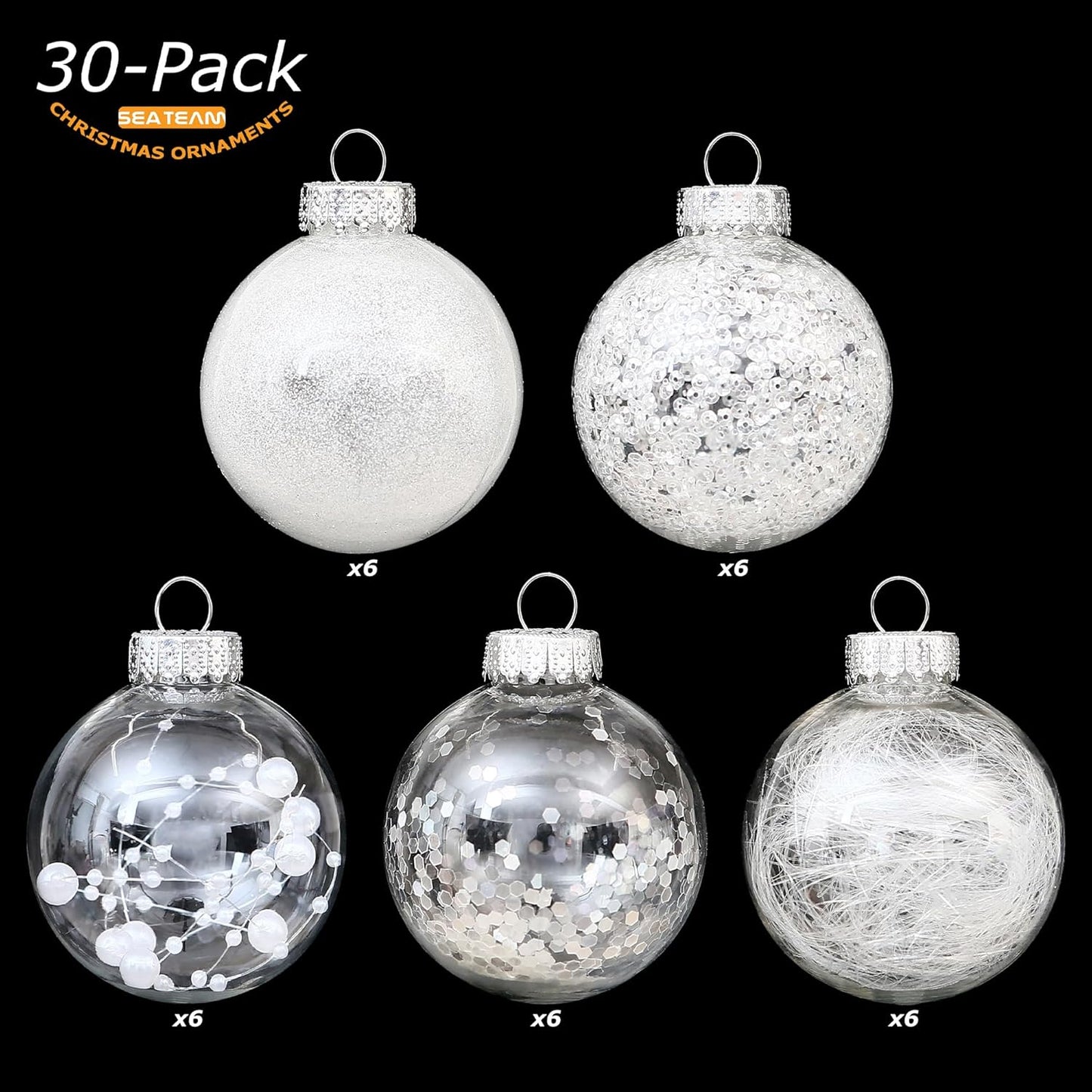 Sea Team Shatterproof Clear Plastic Christmas Ball Ornaments Decorative Xmas Balls Baubles Set with Stuffed Delicate Decorations (60mm/2.36 inch 30-Pack, White)